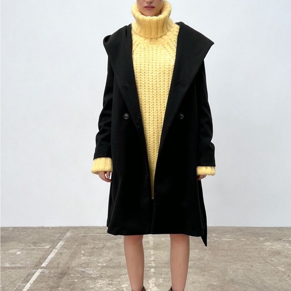 Zara Black Double-Breasted Coat With Hood Size S - Picture 4 of 5